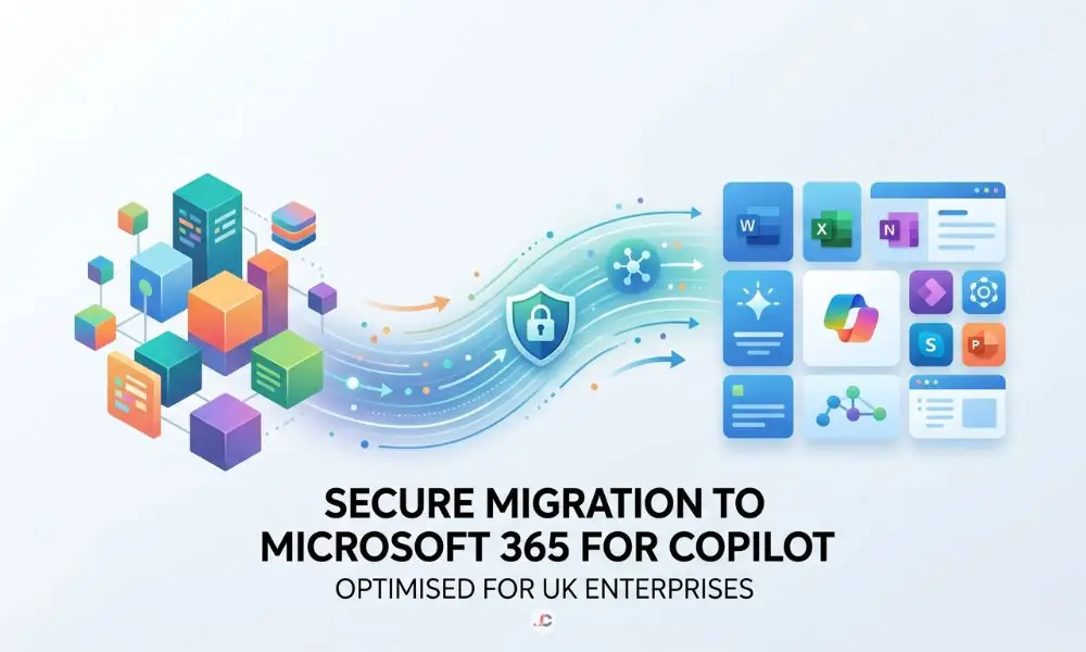 Minimalist hero image representing a secure Google Workspace to Microsoft 365 migration for Copilot for UK enterprises.