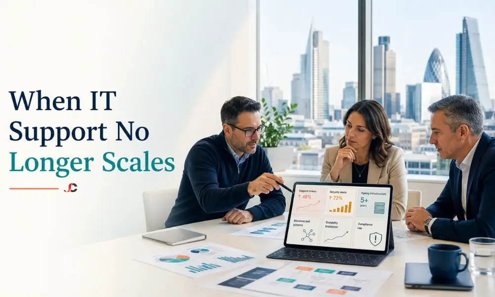 Boardroom illustrating signs SME has outgrown IT support and needs strategic technology leadership in the UK.