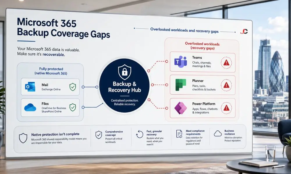 Backing Up Power Platform, Planner and Teams: The Workloads Most Businesses Overlook 1 Backup Power Platform Planner and Teams diagram showing overlooked Microsoft 365 workloads and their recovery gaps.
