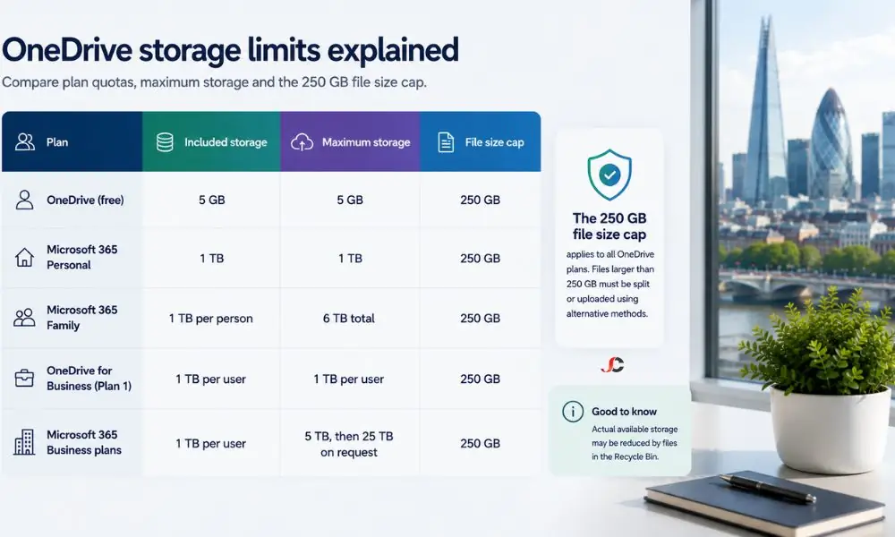 OneDrive storage limits explained in a clean comparison table showing included storage, maximum storage and the 250 GB file size cap for Microsoft 365 plans in a modern London office.