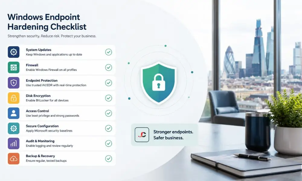 Windows endpoint hardening checklist concept on a secured business laptop in a bright London office. 