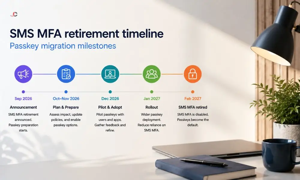 Microsoft Is Retiring SMS and Voice MFA: How to Move Your Business to Passkeys Before February 2027 1 Microsoft SMS MFA retirement timeline with passkey migration milestones from Sep 2026 to Feb 2027.