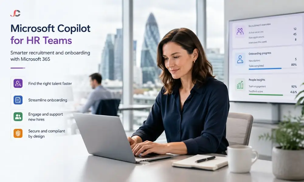 HR manager using Microsoft Copilot for HR teams to manage recruitment and onboarding in Microsoft 365.