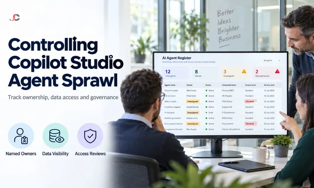IT team reviewing a Copilot Studio agent sprawl register on a dashboard to track AI agent ownership and data access