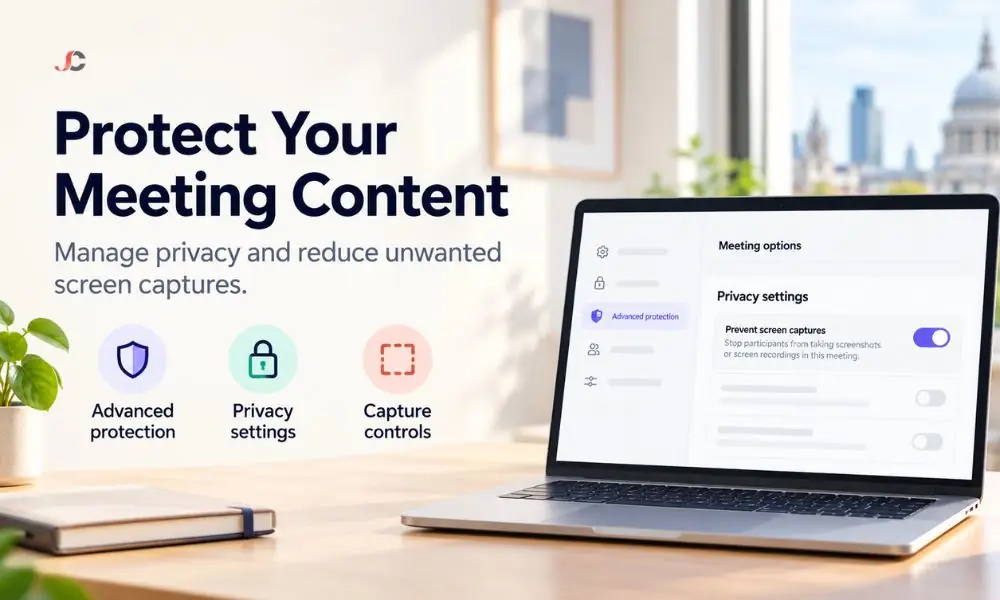 How to Prevent Screen Capture in Microsoft Teams Meetings 1 Microsoft Teams prevent screen capture setting in an illustrative meeting options view, highlighting Advanced protection, Privacy and the enabled Prevent screen captures toggle.